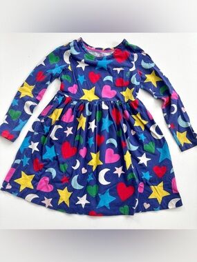 Mini Boden Celebration Playdress Girls Size 8-9 Blue Heart Star Moon Long Sleeve
